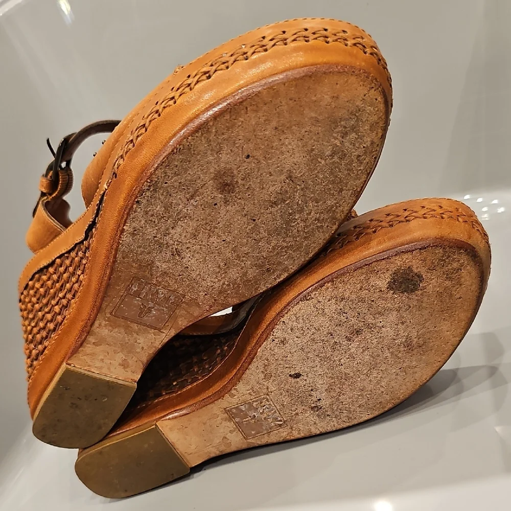 FRYE Tan Leather Wedge Sandals